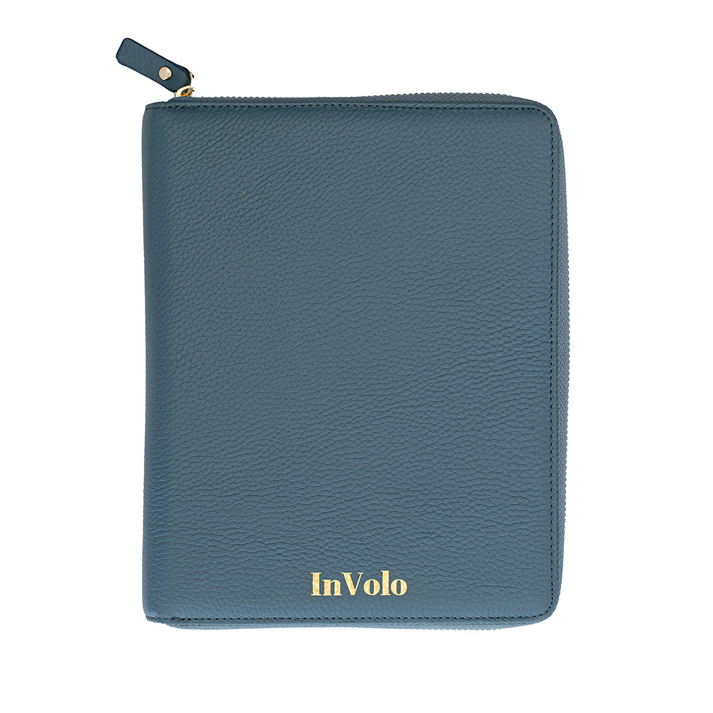 A pebbled leather travel wallet in aegean blue with gold zip and gold stamped InVolo logo