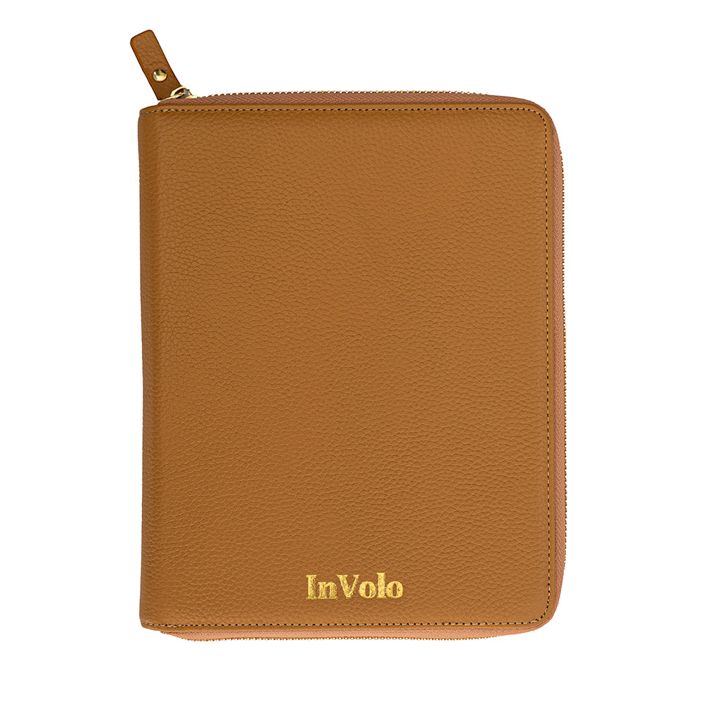 A pebbled leather travel wallet in camel with gold zip and gold stamped InVolo logo