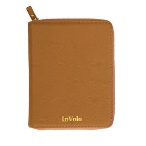 A pebbled leather travel wallet in camel with gold zip and gold stamped InVolo logo