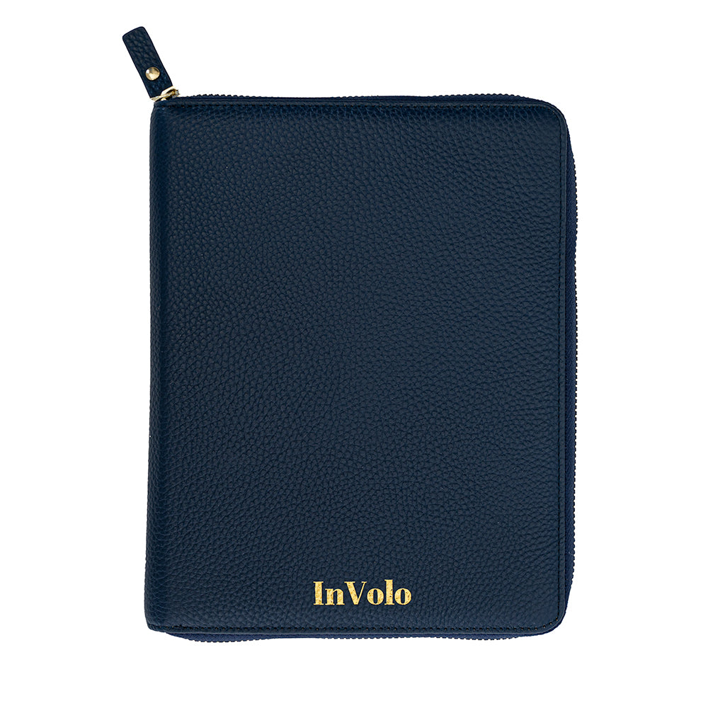 A pebbled leather travel wallet in navy with gold zip and gold stamped InVolo logo