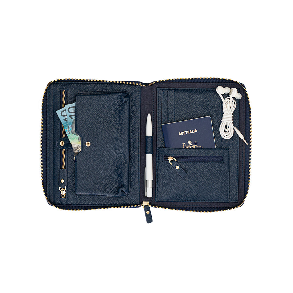 An opened navy pebbled leather travel wallet with multiple pockets and credit card slots.